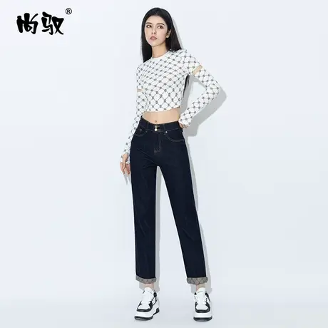 尚驭普洗蓝色高腰垮裤2023年秋季新品牛仔裤女百搭显瘦精致老爹裤商品大图