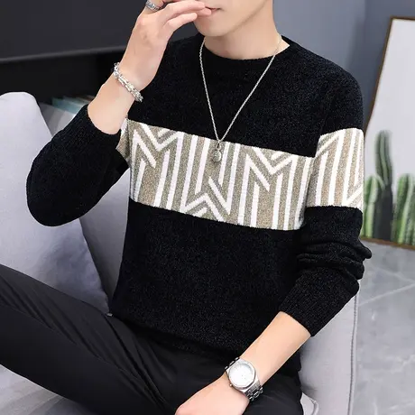 男士毛衣秋冬季新款雪尼尔保暖加绒内衣加厚线衣圆领打底针织衫男商品大图