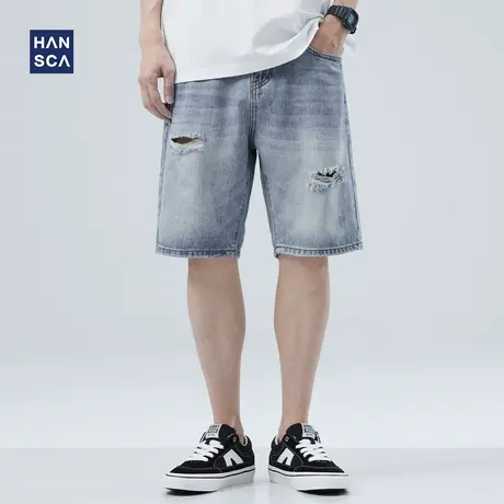 hansca夏季破洞牛仔短裤男宽松潮流痞帅休闲大码直筒宽松五分裤子图片