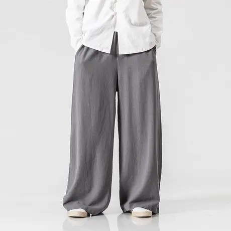 亚麻裤男长裤宽松加肥加大码阔腿裤直筒棉麻纯色中国风宽腿裤子男图片