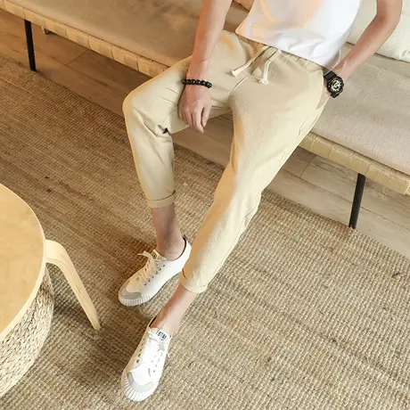 夏季裤子男韩版潮流九分裤男士修身休闲裤棉麻小脚裤百搭9分裤子K商品大图