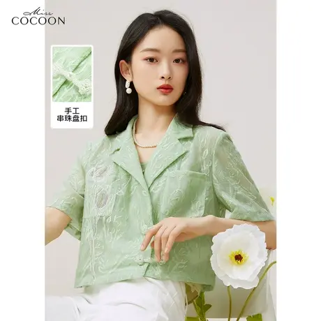 miss COCOON新中式短外套女2023新款夏季短袖盘扣设计感蕾丝上衣商品大图