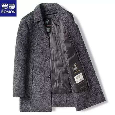 罗蒙男士冬季中长款加厚羊毛呢子大衣无羊绒手工中年双面毛呢外套图片
