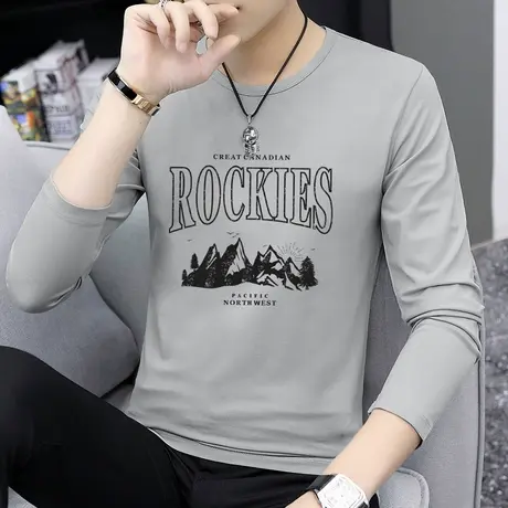 莫代尔长袖t恤男秋季潮流内搭上衣服潮牌印花秋衣小衫圆领打底衫商品大图