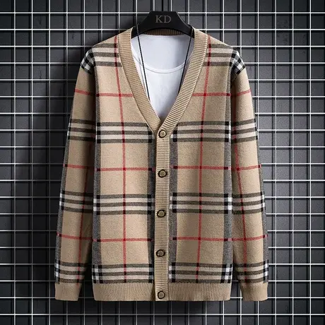 秋季新款条纹格子开衫男士毛衣外套韩版修身潮个性青年针织衫休闲商品大图