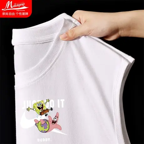 美式卡通纯棉白色背心男运动健身休闲坎肩男生宽松百搭无袖t恤衫图片