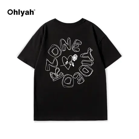 Ohlyah植物花卉圆圈字母爱心玫瑰印花短袖t恤男女款夏宽松学院风商品大图