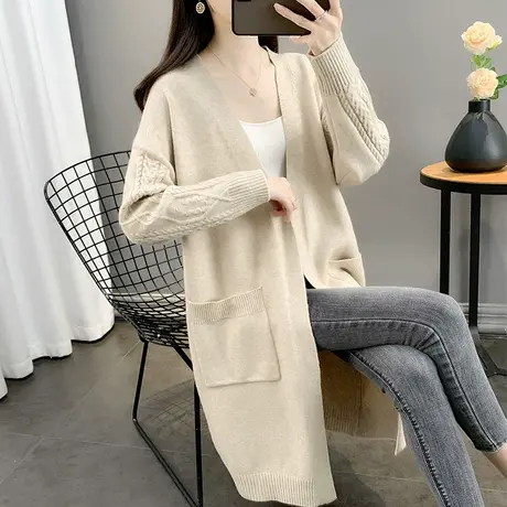 中长款宽松针织开衫秋季2023新款女装纯色慵懒风外搭口袋长袖外套商品大图