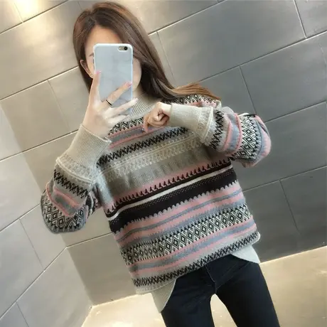 复古彩条提花女半高领套头毛衣2023秋冬新款女装宽松慵懒针织外套商品大图