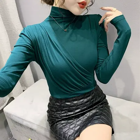 半高领打底衫女春装洋气不规则褶皱上衣紧身纯色内搭长袖T恤女ins商品大图
