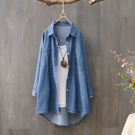 初秋女上衣轻熟文艺范中长款牛仔衬衫女长袖宽松春秋外套衬衣开衫图片