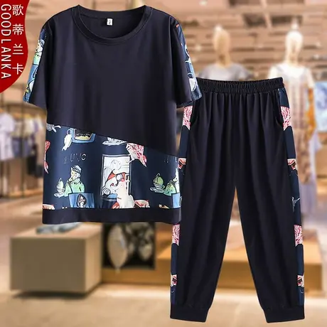 40-50岁中年妈妈夏装短袖休闲套装加大码宽松时尚撞色减龄两件套商品大图