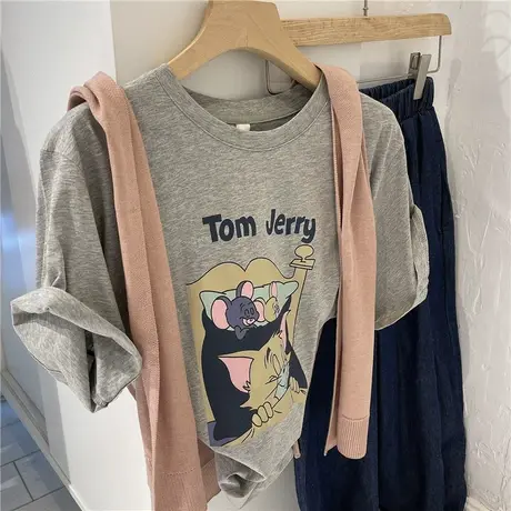 灰色短袖t恤女2021夏季新款韩版ins潮卡通印花宽松百搭显瘦上衣服商品大图