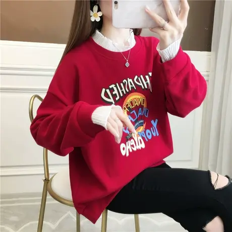 卫衣女春秋季韩版宽松bf慵懒风ins薄款蕾丝拼接假两件上衣外套潮商品大图