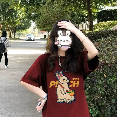 酒红色短袖t恤女ins潮夏季宽松圆领小众设计oversize半袖正肩上衣图片