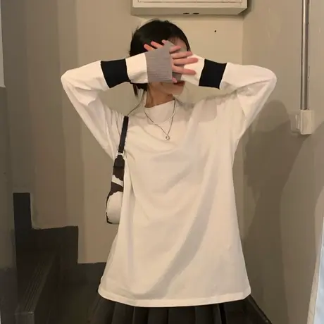2021春秋白色秋冬内搭宽松ins设计感慵懒拼接长袖t恤女百搭上衣服图片