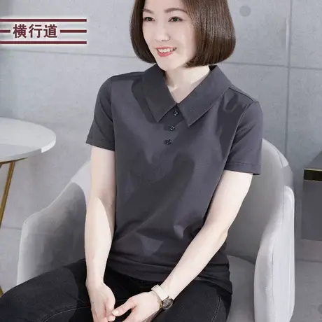 休闲简约短袖t恤女2023夏季拉链翻领上衣大码女装妈妈半袖打底衫图片