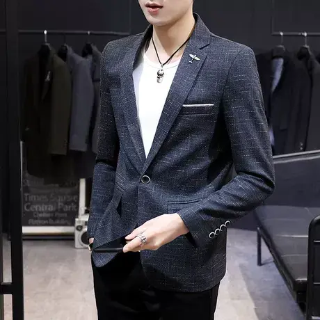 西装男秋季韩版潮牌休闲帅气发型师小西装男士修身暗纹西服男外套商品大图