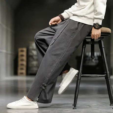 春秋中国风男士复古休闲裤棉麻大码直筒阔腿裤盘扣民族服饰宽腿裤图片