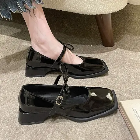 方头玛丽珍单鞋女春款2023年新款气质法式温柔风一字扣中跟小皮鞋商品大图