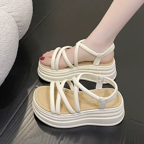 2023夏季新款厚底增高多带凉鞋女甜美休闲百搭8cm坡跟松紧沙滩鞋商品大图