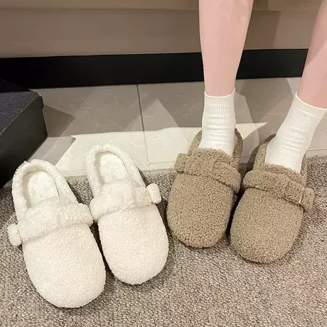 2023新款平底防滑包头毛毛拖鞋女加绒保暖半拖勃肯鞋一脚蹬棉拖鞋商品大图