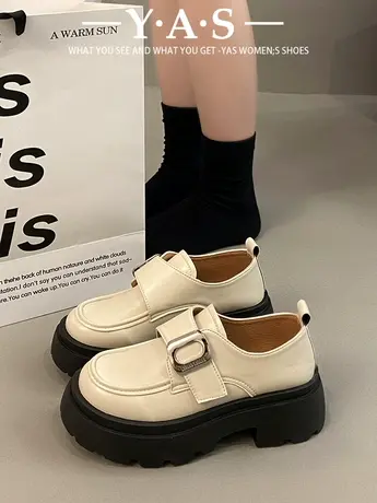 厚底粗跟魔术贴单鞋女2024春季新款百搭英伦风小皮鞋增高乐福鞋女商品大图
