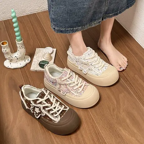 帆布鞋女2024年春秋季新款小个子厚底增高单鞋ins超火百搭板鞋潮商品大图