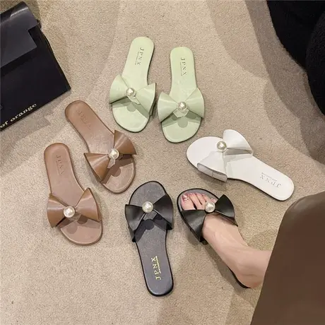 小清新仙女平底拖鞋夏季外穿时尚百搭网红蝴蝶结珍珠凉拖沙滩拖鞋商品大图