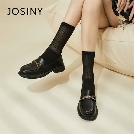 Josiny/卓诗尼厚底黑色乐福鞋2024新款显腿长英伦粗跟百搭小皮鞋商品大图