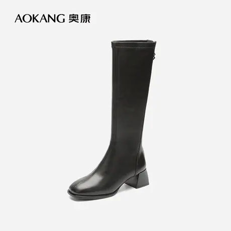 【门店发货】奥康女鞋 2022冬季新款高筒烟管靴女士休闲靴子粗跟图片