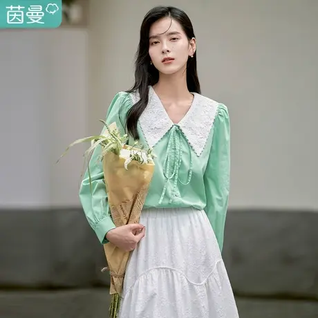 茵曼2023春女装新款法式优雅蕾丝领领口蝴蝶结宽松长袖衬衣衬衫图片