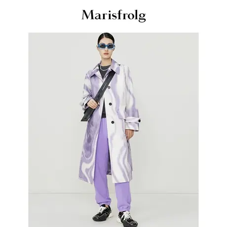 #多巴胺穿搭# 玛丝菲尔秋季紫色印花艺术感收腰风衣商品大图