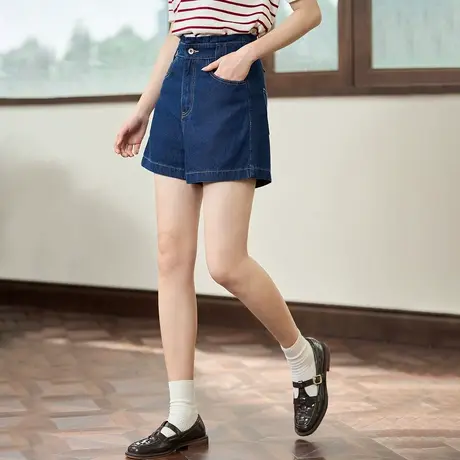 茵曼经典高腰A字显瘦休闲阔腿短裤2023夏女装新款深色百搭牛仔裤图片