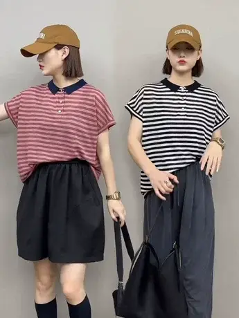 夏季新款翻领条纹短袖气质百搭显瘦简约款洋气撞色减龄设计感上衣商品大图