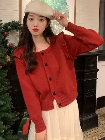 杏色毛衣女士秋冬季新款设计感小众荷叶边洋气外穿长袖针织衫上衣商品大图