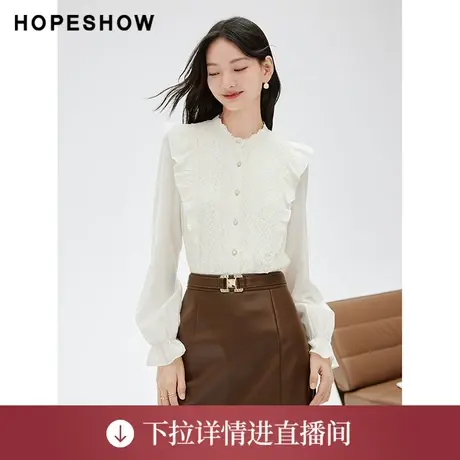 【直播专享】秋季蕾丝拼接荷叶边单排扣立领衬衫90123310301红袖商品大图