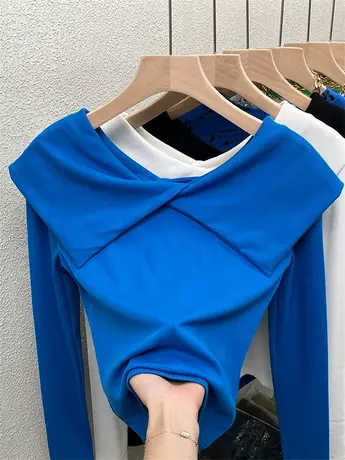 克莱因蓝打底衫女内搭春秋纯欲风别致甜辣妹v领上衣设计感长袖t恤图片