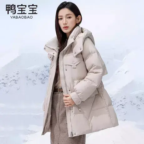 鸭宝宝韩版收腰羽绒服女中长款2023秋季新款连帽显瘦保暖外套商品大图
