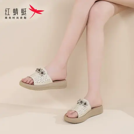 红蜻蜓厚底一字拖女士凉拖鞋女夏外穿2025新款防滑真皮中老年妈妈图片