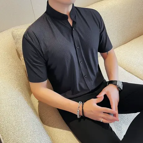 2025新款短袖衬衫纯色夏季潮牌修身薄款条纹衬衣时尚中袖休闲上衣商品大图