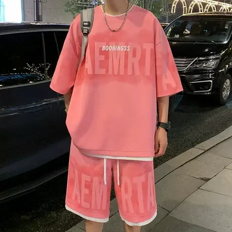 冰丝薄款短袖T恤男套装夏季青少年学生潮牌痞帅气男生穿搭一整套商品大图