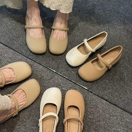 法式粗跟单鞋女2025新款春季百搭浅口圆头晚晚配裙子玛丽珍小皮鞋商品大图