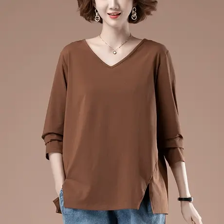 纯棉长袖t恤女春秋新款加肥加大码女装宽松中年妈妈显瘦V领打底衫商品大图