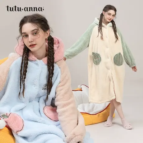 tutuanna秋冬珊瑚绒女士睡衣水果造型加绒保暖羊羔绒家居服睡袍女商品大图