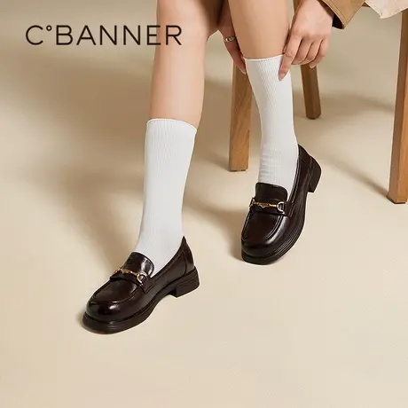 千百度真皮中跟乐福鞋女款百搭气质新款通勤小皮鞋复古深口单鞋图片