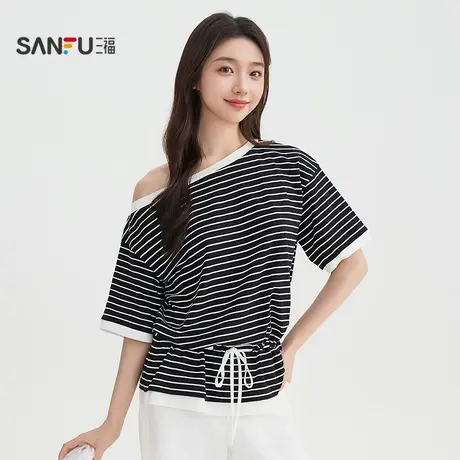 三福短T恤2025夏季可调抽绳斜肩条纹假两件宽松上衣女装505865图片