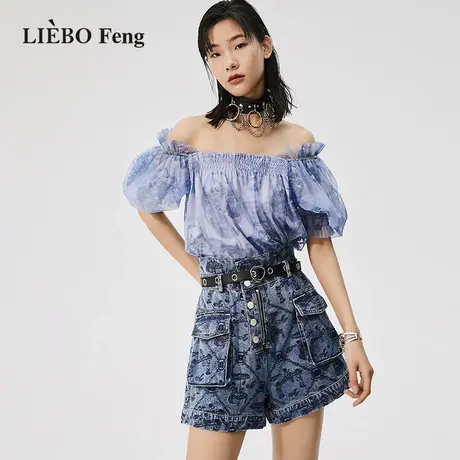 裂帛LIEBOFeng原创设计chic复古青花瓷印花一字领短袖雪纺蕾丝衫图片