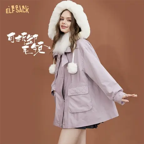 妖精的口袋可拆卸毛领粉色棉服女2022冬季新款加厚棉衣外套小个子图片
