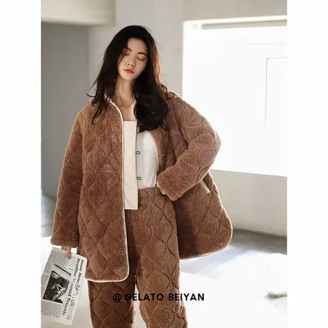 贝妍珊瑚绒睡衣女冬季加厚加绒三层夹棉家居服女开衫保暖棉袄套装商品大图